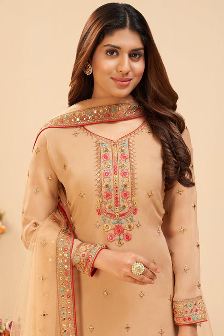 Beige Georgette Thread And Sequin Embroidery Work Sharara