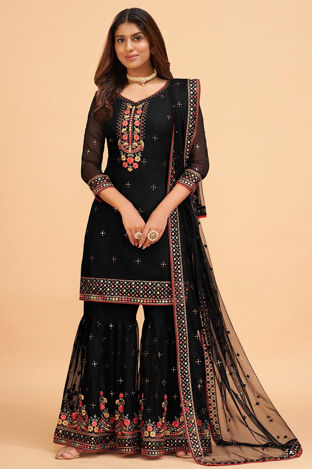 Black Georgette Thread And Sequance Embroidery Work Sharara Dress Material