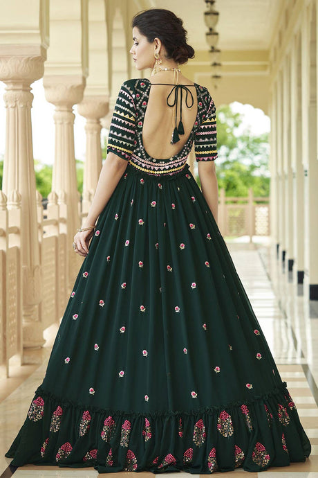 Green Georgette Shibori Printed And Sequin Embroidery Work Gown
