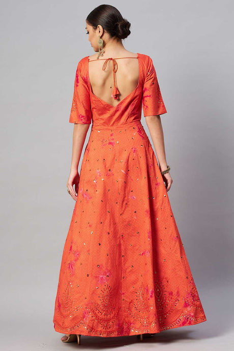 Orange Cotton Shibori Printed And Sequin Embroidery Work Gown