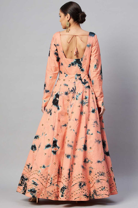Peach Cotton Shibori Printed And Sequin Embroidery Work Gown