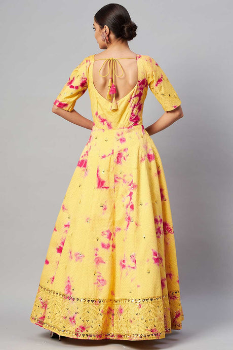 Yellow Cotton Shibori Printed And Sequin Embroidery Work Gown