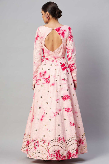 Pink Cotton Shibori Printed And Sequin Embroidery Work Gown