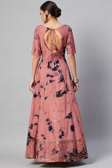 Dusty Pink Cotton Shibori Printed And Sequin Embroidery Work Gown