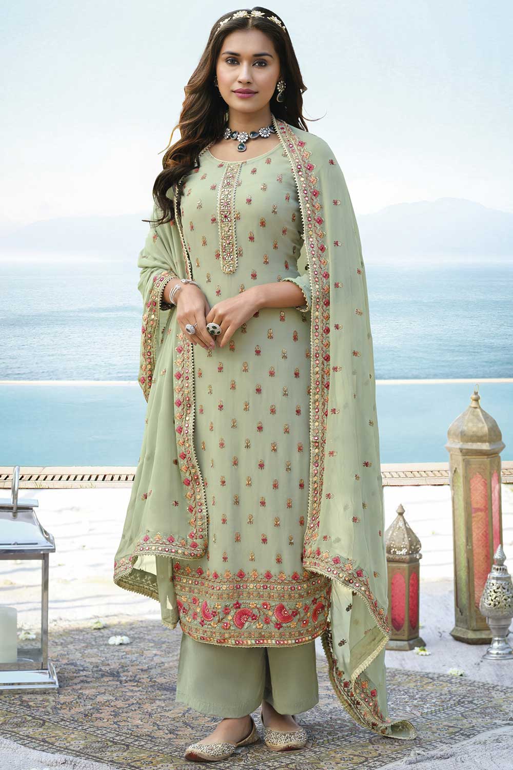 Pista Faux Georgette  Embroidery Work Plazzo Dress Material