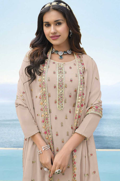 Beige Faux Georgette  Embroidery Work Plazzo Dress Material
