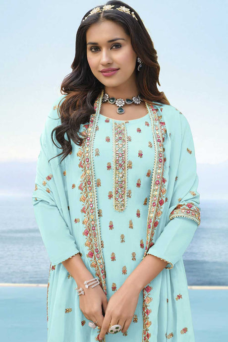 Sky Blue Faux Georgette  Embroidery Work Plazzo Dress Material