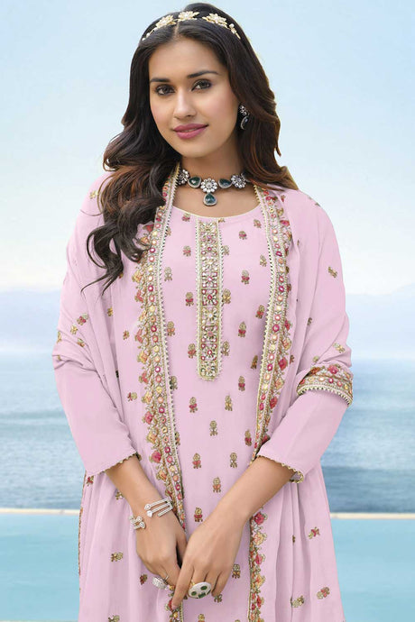 Pink Faux Georgette  Embroidery Work Plazzo Dress Material