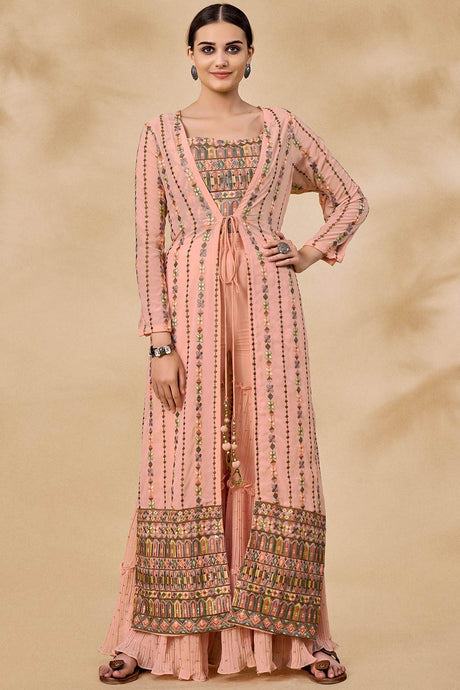 Peach Georgette Sequin And Mirror Embroidery Work Sharara Suit Set