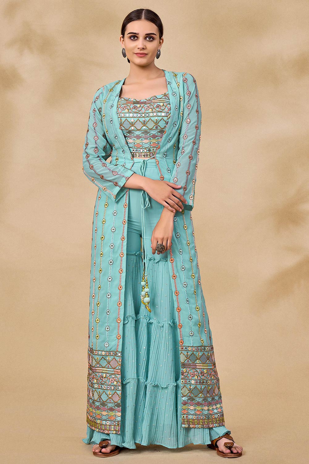 Sky Blue Georgette Sequin And Mirror Embroidery Work Sharara Suit Set