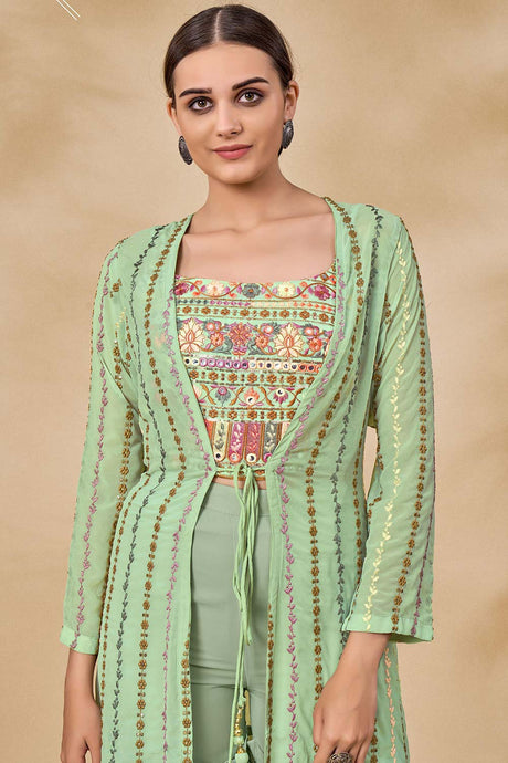 Pista Georgette Sequance And Mirror Embroidery Work Sharara Suit Set