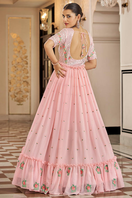Pink Georgette Thread And Sequin Embroidery Work Gown