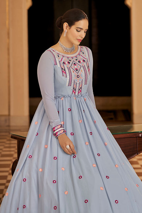 Light Blue Georgette Thread And Sequin Embroidery Work Gown