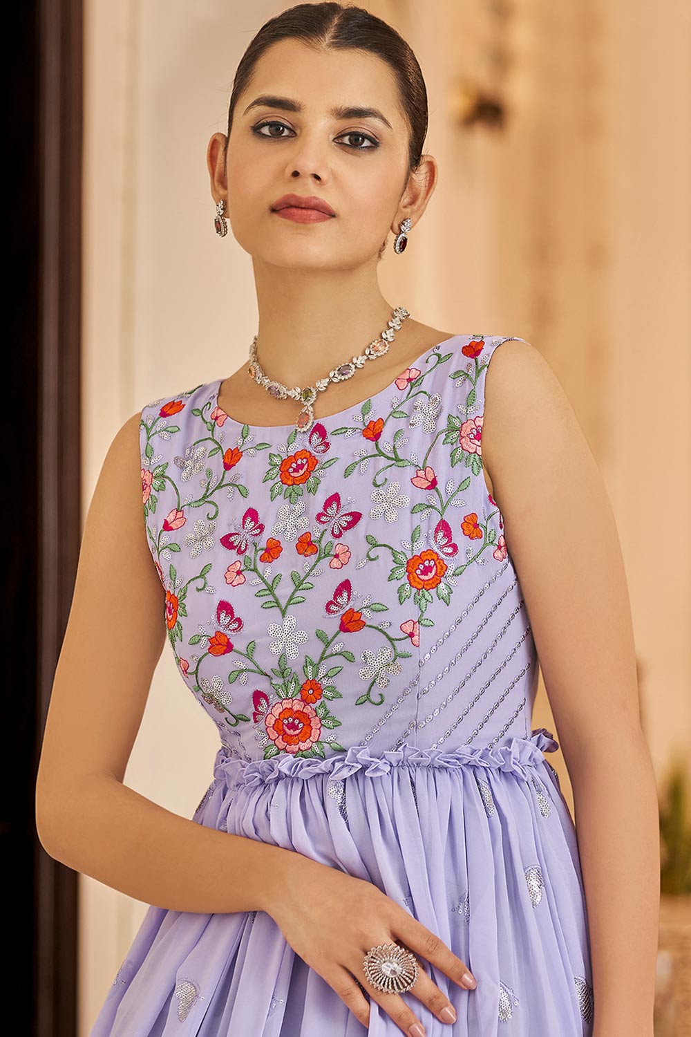 Lavender Georgette Thread And Sequin Embroidery Work Gown