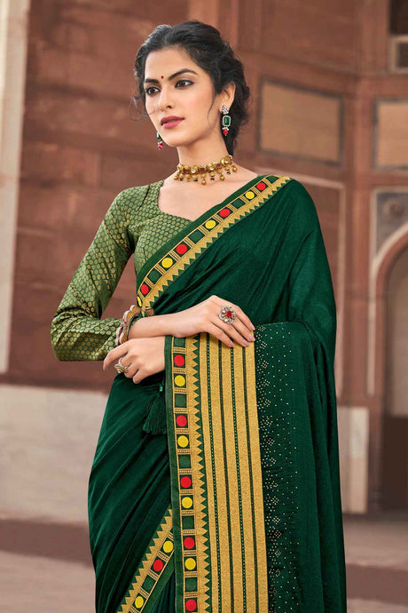 Green Vichitra Silk Zari Embroidery And Stone Work Saree