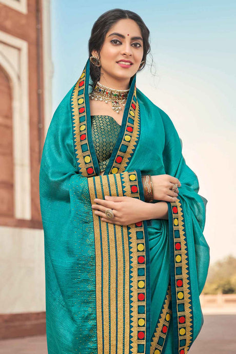 Turquoise Vichitra Silk Zari Embroidery And Stone Work Saree