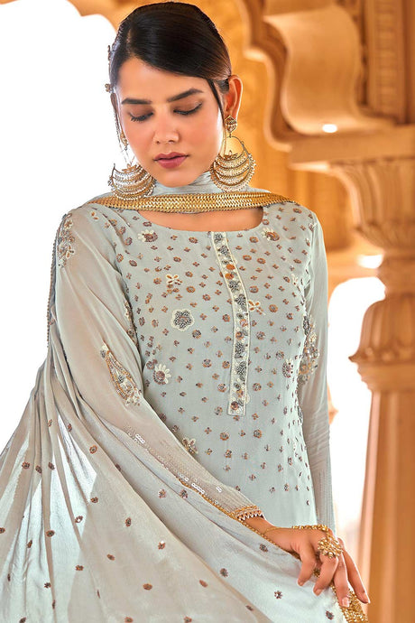 Grey Viscose Bemberg Georgette Thread And Sequance Embroidery Work Pant Dress Material