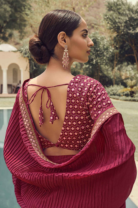 Maroon Vichitra Silk Crush Zari Embroidery Work Saree