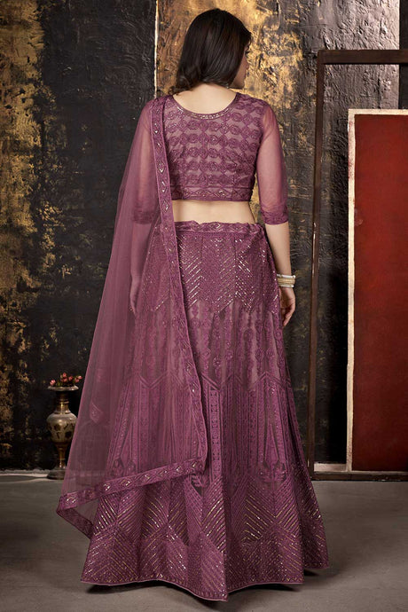 Wine Net Thread And Sequin Embroidery Work Lehenga Choli