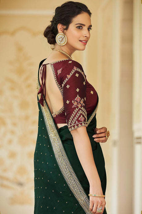 Green Vichitra Silk Sequins Embroidery And Swarovski Work Saree