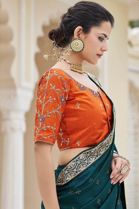 Rama Vichitra Silk Sequins Embroidery And Swarovski Work Saree
