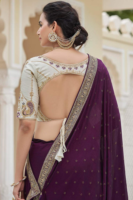 Purple Vichitra Silk Sequins Embroidery And Swarovski Work Saree