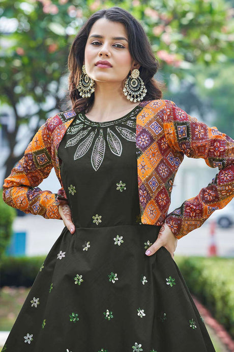 Olive Cotton Thread And Sequins Embroidery Work Gown With Koti