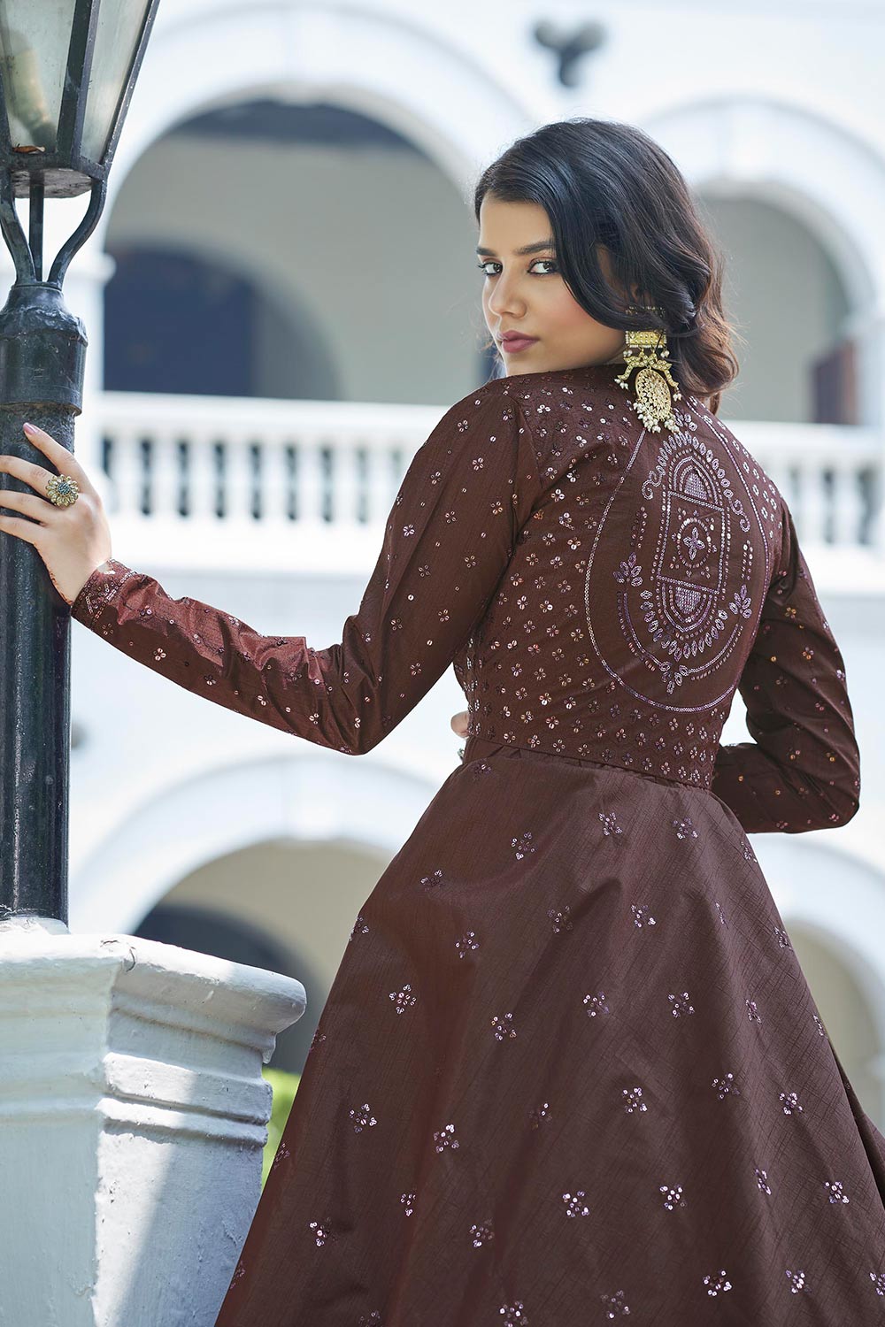 Maroon Cotton Thread And Sequins Embroidery Work Gown With Koti