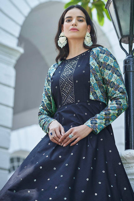 Blue Cotton Thread And Sequins Embroidery Work Gown With Koti