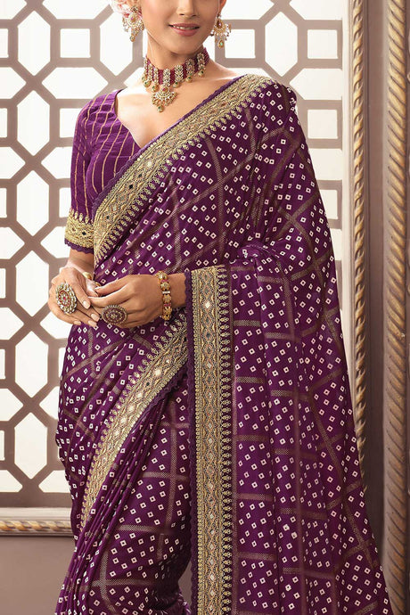 Purple Miss India Silk Sequins And Mirror Embroidery Work Saree