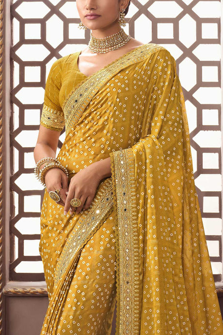Mustard Miss India Silk Sequins And Mirror Embroidery Work Saree