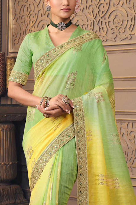 Parrot Green Art Silk Luxuries Buta Sequins And Mirror Embroidery Work Saree