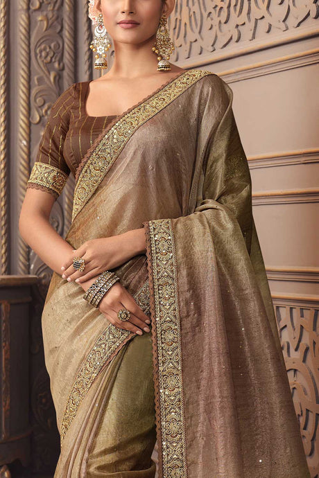 Brown Viscose With Gold Smoke Printed Sequins And Mirror Embroidery Work Saree