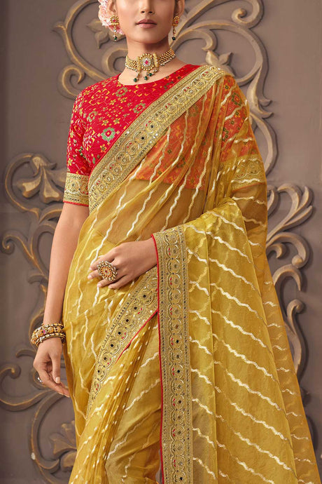 Yellow Organza Weaving Designer Mirror And Sequins Embroidery Work Saree