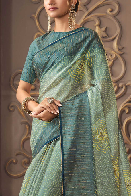 Sea Green Organza Silk Printed With Foil Sequins Embroidery And Swarovski Work Saree