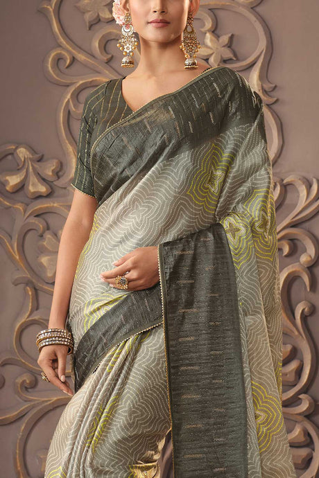 Grey Organza Silk Printed With Foil Sequins Embroidery And Swarovski Work Saree