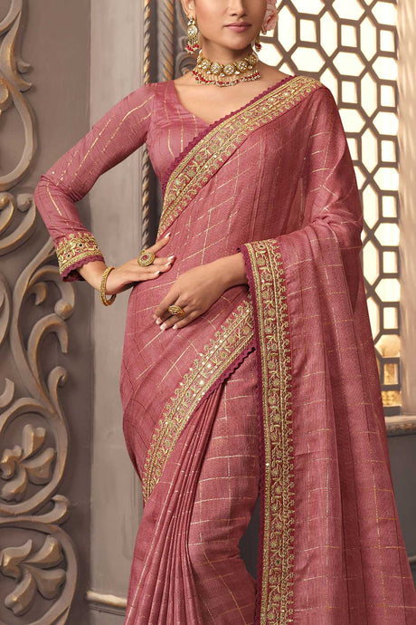 Onion Pink Jute Checks  Weaving Sequins And Mirror Embroidery Work Saree