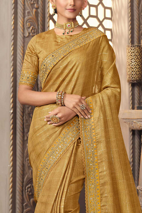 Golden Jute Checks  Weaving Sequins And Mirror Embroidery Work Saree