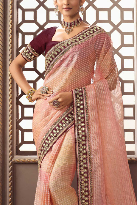 Baby Pink Organza Sequins And Mirror Embroidery Work Saree
