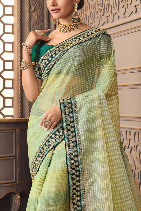 Green Organza Sequins And Mirror Embroidery Work Saree