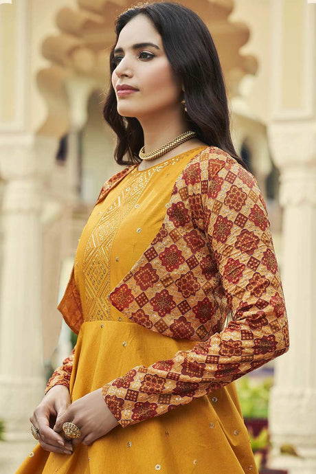 Mustard Cotton Thread And Sequins Embroidery Work Gown With Koti