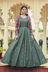 Dusty Green Cotton Thread And Sequins Embroidery Work Gown With Koti