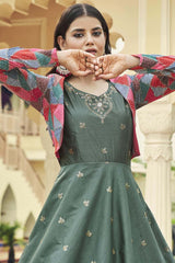 Dusty Green Cotton Thread And Sequins Embroidery Work Gown With Koti
