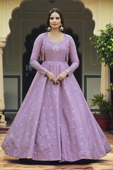 Purple Cotton Thread And Sequins Embroidery Work Gown With Koti