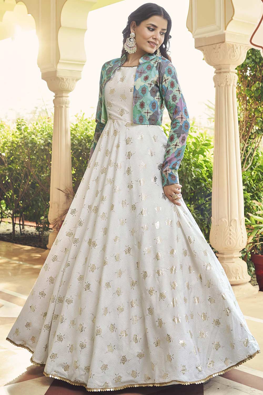 White Cotton Thread And Sequins Embroidery Work Gown With Koti