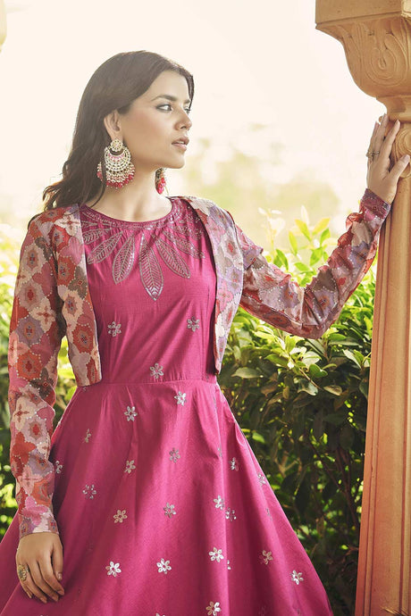 Pink Cotton Thread And Sequins Embroidery Work Gown With Koti
