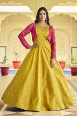 Yellow Cotton Thread And Sequins Embroidery Work Gown With Koti