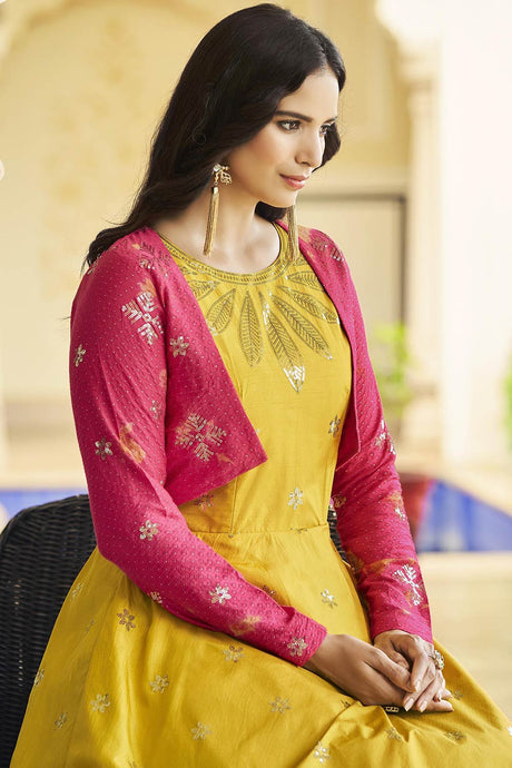 Yellow Cotton Thread And Sequins Embroidery Work Gown With Koti
