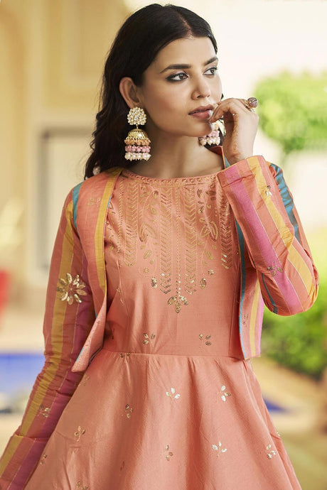 Peach Cotton Thread And Sequins Embroidery Work Gown With Koti
