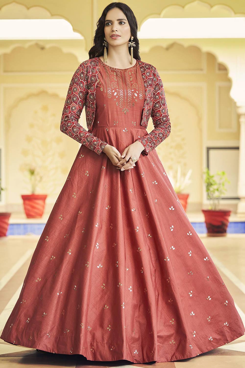 Dusty Orange Cotton Thread And Sequins Embroidery Work Gown With Koti